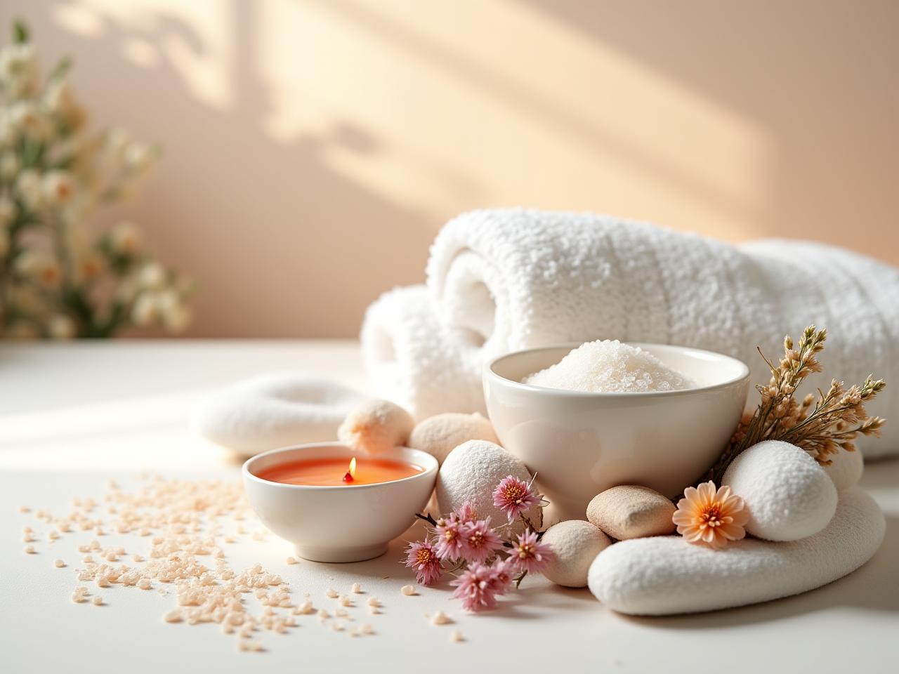 Home spa kit with natural wellness products including bath salts and botanical blends